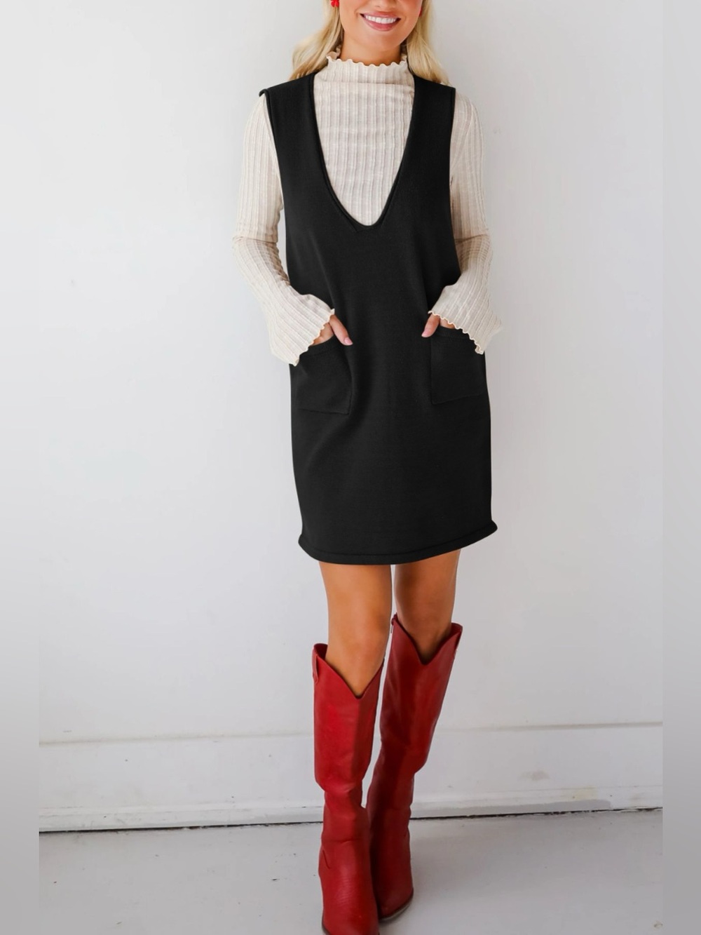 Lovelet Pocketed V-Neck Mini Sweater Overall Dress - Picture 11 of 16